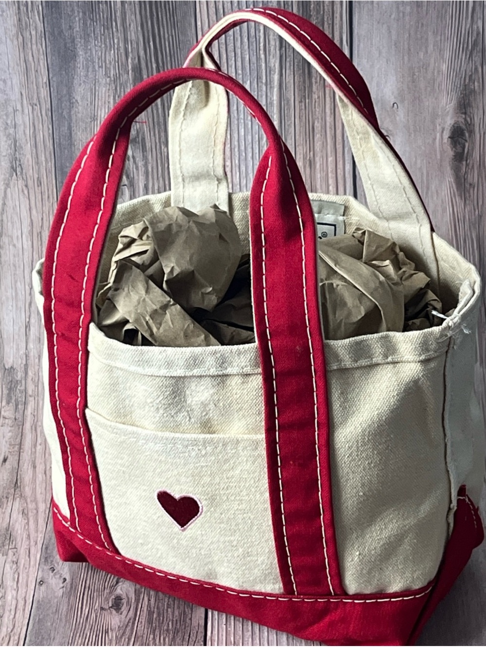 L.L. Bean Cream Canvas Mini Tote with Red Trim